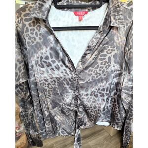 GUESS Leopard Print button Up Blouse With Tie At Bottom Size Ex Lg NWOT